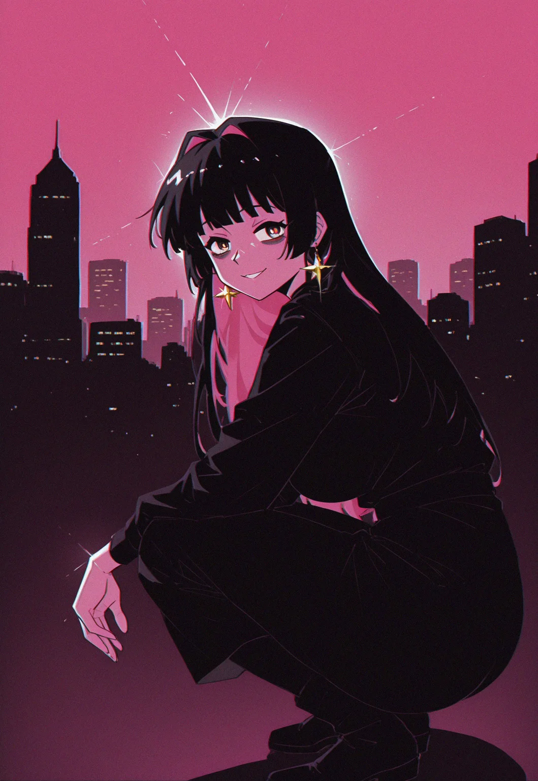 (svhs, chromatic aberration, film grain, faux retro artstyle, 1990s \(style\)),
cyril, solo, black hair, colored inner hair, from side, crouching, turning head, looking at viewer, star earrings, partially colored, glint, lens flare, false smile, bags under eyes,
colored outline,
analogous colors, partially colored, dark silhouette, pink inner hair, inner glow,
[cityscape, neon, pink background],
masterpiece, best quality, absurdres