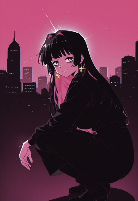 (svhs, chromatic aberration, film grain, faux retro artstyle, 1990s \(style\)),
cyril, solo, black hair, colored inner hair, from side, crouching, turning head, looking at viewer, star earrings, partially colored, glint, lens flare, false smile, bags under eyes,
colored outline,
analogous colors, partially colored, dark silhouette, pink inner hair, inner glow,
[cityscape, neon, pink background],
masterpiece, best quality, absurdres