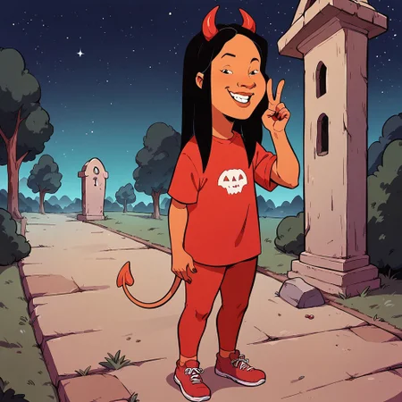 score_9, score_8up, score_7up, score_6up, solo, 1girl, Connie S KOTH, dark skin, black eyes, long hair, black hair, cowboy shot,
smug grin, big mouth, half-closed eyes, flat chest, short stack, standing, candy on the ground, full body, red shirt, red leggings, red shoes, devil horns, devil tail, peace sign,
outdoors, graveyard, tombstones, dead trees, starry night sky, fog, Halloween, leaning back, looking at viewer,