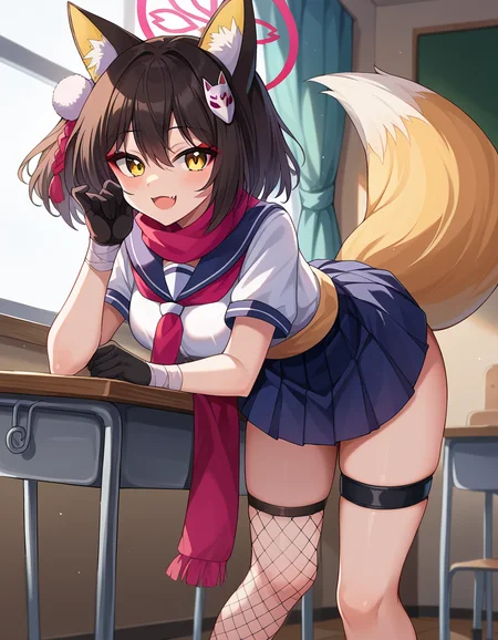 score_9, score_8_up, score_7_up, source_anime,
izunakuda, <lora:izuna-kuda-ponyxl-lora-nochekaiser:1>,
izuna kuda, yellow eyes, black hair, animal ears, animal ear fluff, medium hair, fox ears, halo,
asymmetrical legwear, fishnets, fox hair ornament, fox tail, gloves, hair ornament, pleated skirt, sash, scarf, school uniform, single thighhigh, tail, thigh strap, yellow tail,
indoors, classroom, bent over, smile,
looking at viewer, cowboy shot, dutch angle,