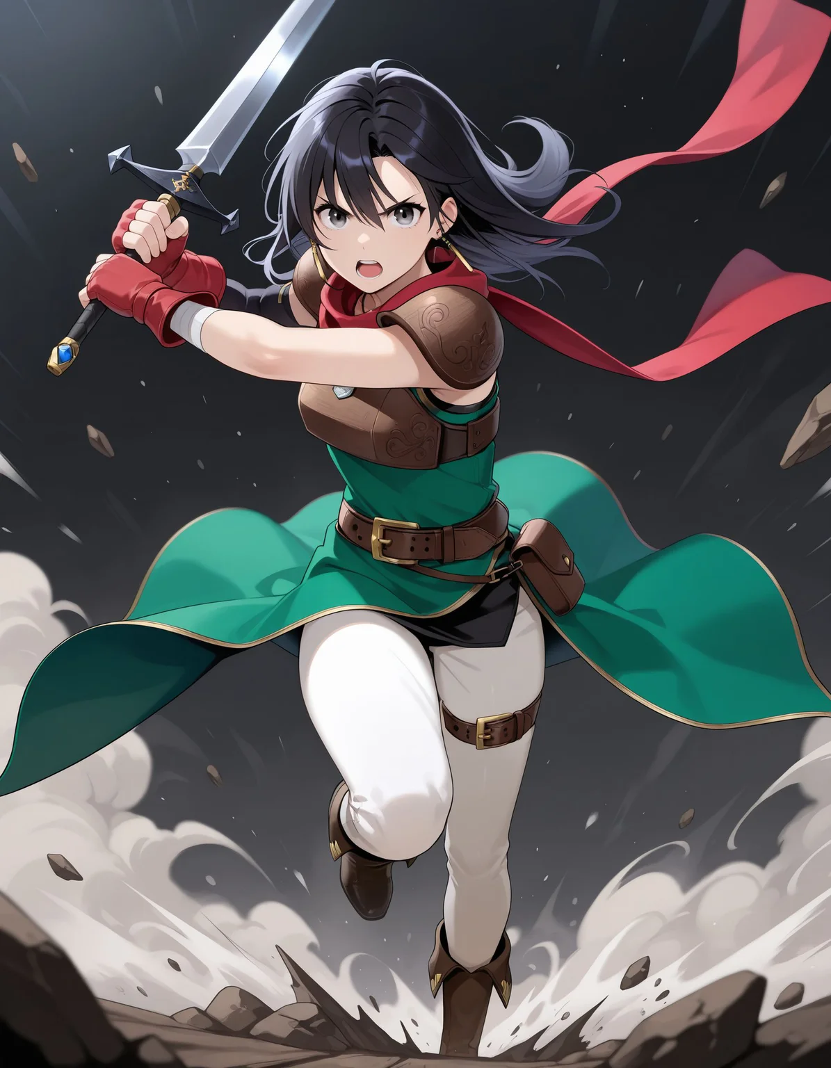 1girl,<lora:mareeta feh 2outfits_illustriousXL:0.8>,mareeta feh,earrings,necklace,red scarf,red gloves,fingerless gloves,asymmetrical gloves,shoulder armor,breastplate,green dress,brown belt,brown pouch,white pants,thigh strap,brown boots,full body,running,holding sword,attack,serious,open mouth,effect,looking at viewer,masterpiece,best quality,amazing quality,