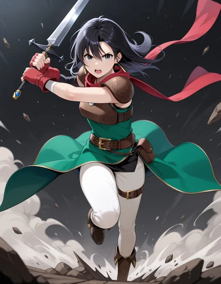 1girl,<lora:mareeta feh 2outfits_illustriousXL:0.8>,mareeta feh,earrings,necklace,red scarf,red gloves,fingerless gloves,asymmetrical gloves,shoulder armor,breastplate,green dress,brown belt,brown pouch,white pants,thigh strap,brown boots,full body,running,holding sword,attack,serious,open mouth,effect,looking at viewer,masterpiece,best quality,amazing quality,
