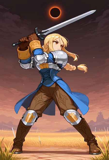 masterpiece, best quality, Csp2Pixel, 1 girl, fftag, blonde hair, braided ponytail, sidelocks, long hair, brown eyes, large breasts, armor, shoulder armor, blue dress, blue corset, elbow pads, long sleeves, brown pants, brown gloves, knee pads, brown boots, fighting stance, detailed background, full body, portrait, holding sword, field of blade, eclipse,