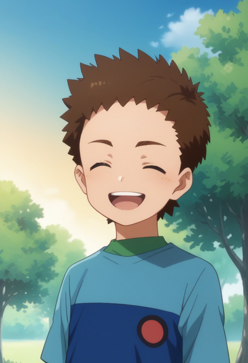 score_9, score_8_up, score_7_up, source_anime, highly detailed, 
shou, 1boy, male focus, brown hair, solo, closed eyes, shirt, upper body, long over short sleeves, blue shirt,
green shirt, shorts, smile, open mouth
outdoor, sky, tree