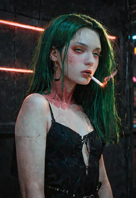 score_9, score_8_up, score_7_up,
break
1woman,
Break
(((Rebecca_(Cyberpunk)))), white blue skin. Green hair with red tips. Long hair.
high quality, expressive.Beautiful. petite body with wide hips, Short woman. Thick thighs, Pear body, Small breasts. Black jactet. Smoking cigarrete. Facing the viewer. Neon lights. Motion lines. Realistic. Elegant.
Break
