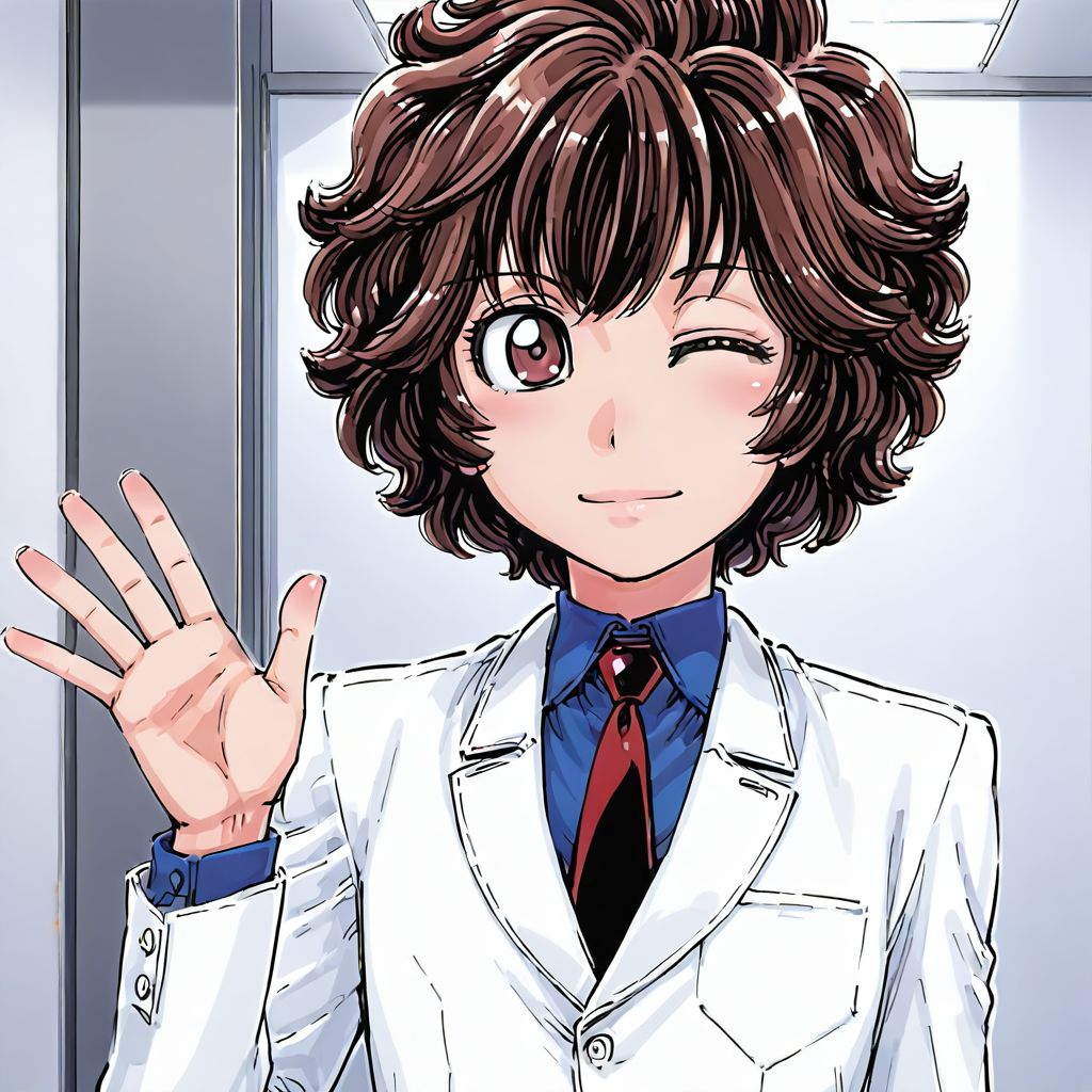 1girl,shiny skin ,<lora:marnie_ill_v1:0.9> toshimarnie, short hair, messy hair, brown hair, brown eyes,white jacket, shirt, necktie,flat chest,BREAK
smile,waving,upper body,BREAK
masterpiece,best quality,amazing quality,wink,(emblem:-1.0),