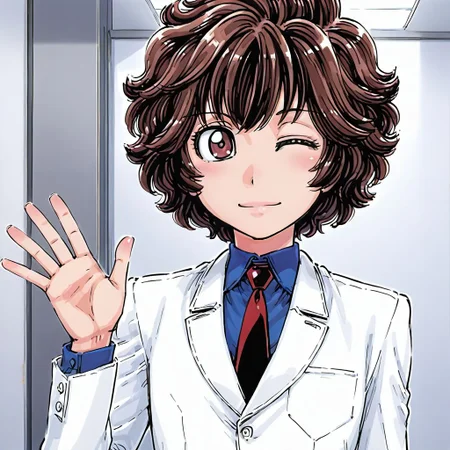 1girl,shiny skin ,<lora:marnie_ill_v1:0.9> toshimarnie, short hair, messy hair, brown hair, brown eyes,white jacket, shirt, necktie,flat chest,BREAK
smile,waving,upper body,BREAK
masterpiece,best quality,amazing quality,wink,(emblem:-1.0),
