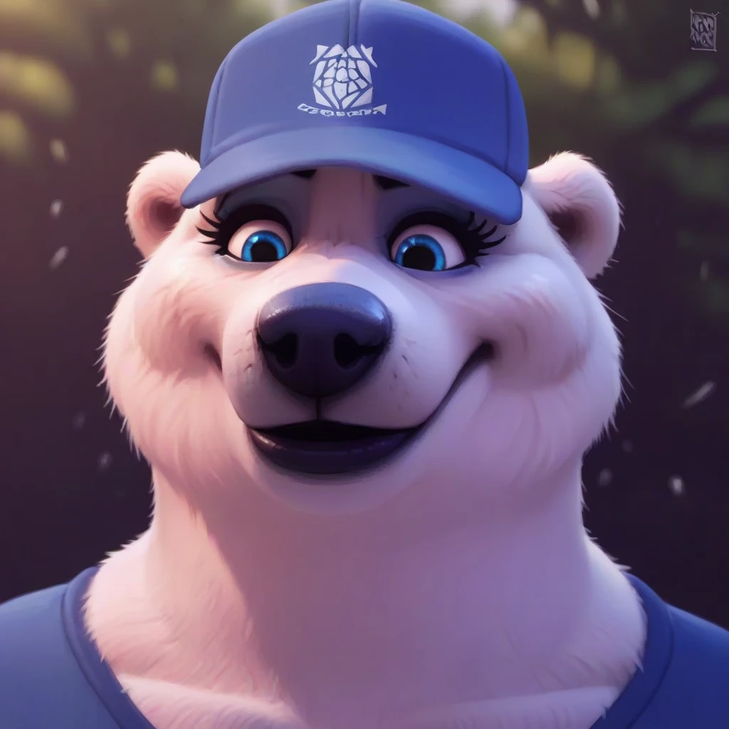 score_9, score_8_up, score_7_up, score_6_up, BREAK, source_furry, mfriedkin, polar bear, anthro, furry, anthro, furry, solo, female, mature female, white fur, blue eyes, blue baseball cap, neutral, close up view, hands down