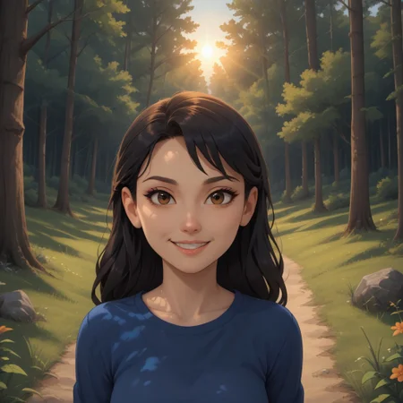 score_9, score_8, BREAK, solo, Mary_Wang_(Tales_of_Arcadia), 1girl, black hair, brown eyes, asian female, blue long sleeves shirt, self portrait, smile, looking at viewer, outdoors, sunlight, shadows, evening lighting, natural lighting, forest, trees, grass, orange sky, sunset