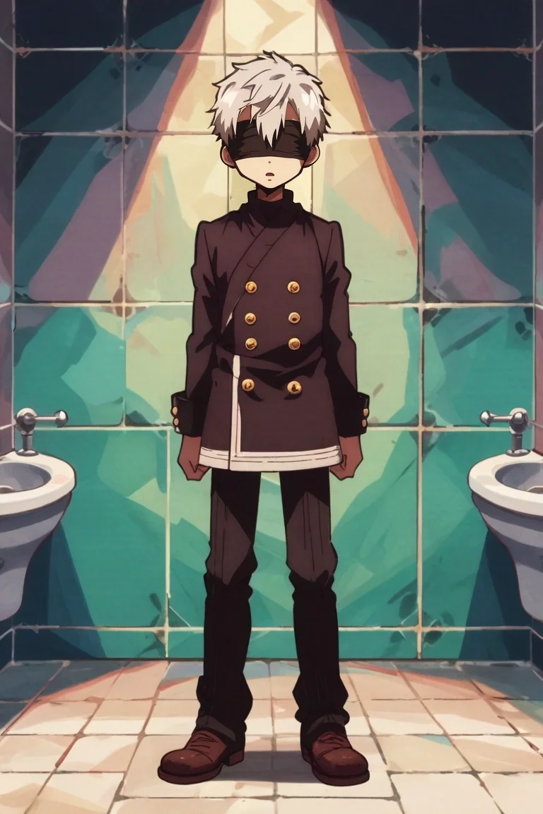 zPDXL, score_9, score_8_up, score_7_up, source_anime, anime screencap, rating_safe, , looking at viewer, , 1boy, 9s \(nier:automata\), nier \(series\), white hair, covered eyes, solo, from afar, full body, bathroom, noon, slouching, open mouth, <lora:hanako-kun_style_pony:1.2>, hanako-kun_style, , <lora:sdxl_lightning_8step_lora:1>