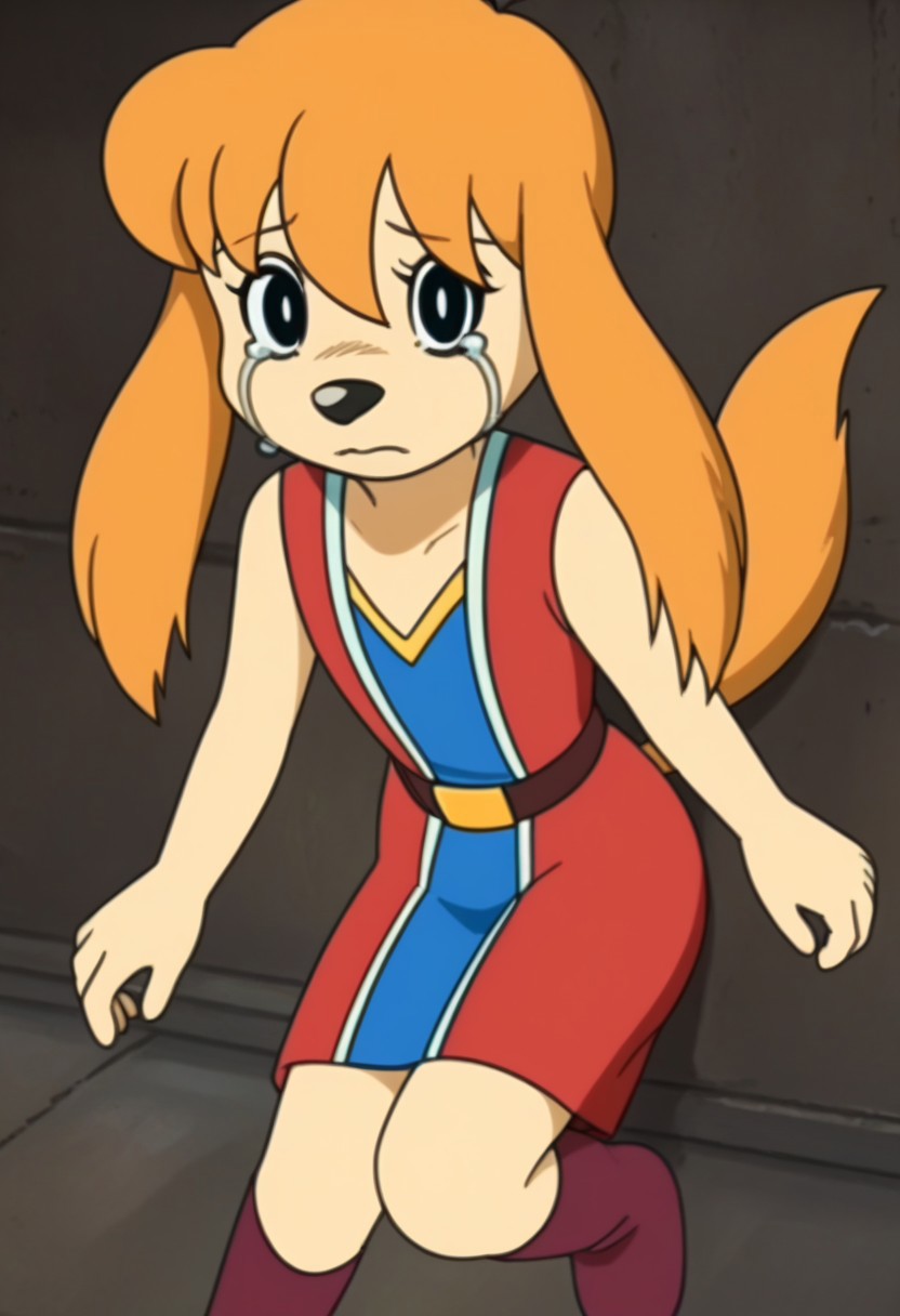 furry, 1girl, furry female, body fur, solo, dog, dog girl, looking at viewer, orange hair, long hair, bangs, black eyes, animal ears, dog ears, animal nose, sleeveless, dress, belt, tail, dog tail, boots, full body, crying, tears, high quality