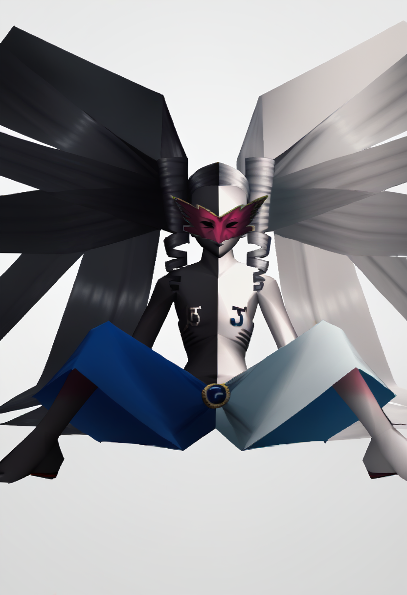score_9, score_8_up, score_7_up, source_anime, BREAK 1girl, sitting, spread legs, <lora:zs_N64ZeldaStyleXL:1> n64zeldastyle, 3d, polygonal, white background, full body, <lora:zs_PriestessXL:1> thepriestessp3, colored skin, black skin, white skin, multicolored hair, black hair, white hair, very long hair, drill hair, twintails, mask, blue skirt, j, b