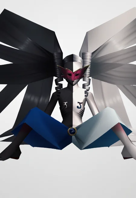 score_9, score_8_up, score_7_up, source_anime, BREAK 1girl, sitting, spread legs, <lora:zs_N64ZeldaStyleXL:1> n64zeldastyle, 3d, polygonal, white background, full body, <lora:zs_PriestessXL:1> thepriestessp3, colored skin, black skin, white skin, multicolored hair, black hair, white hair, very long hair, drill hair, twintails, mask, blue skirt, j, b