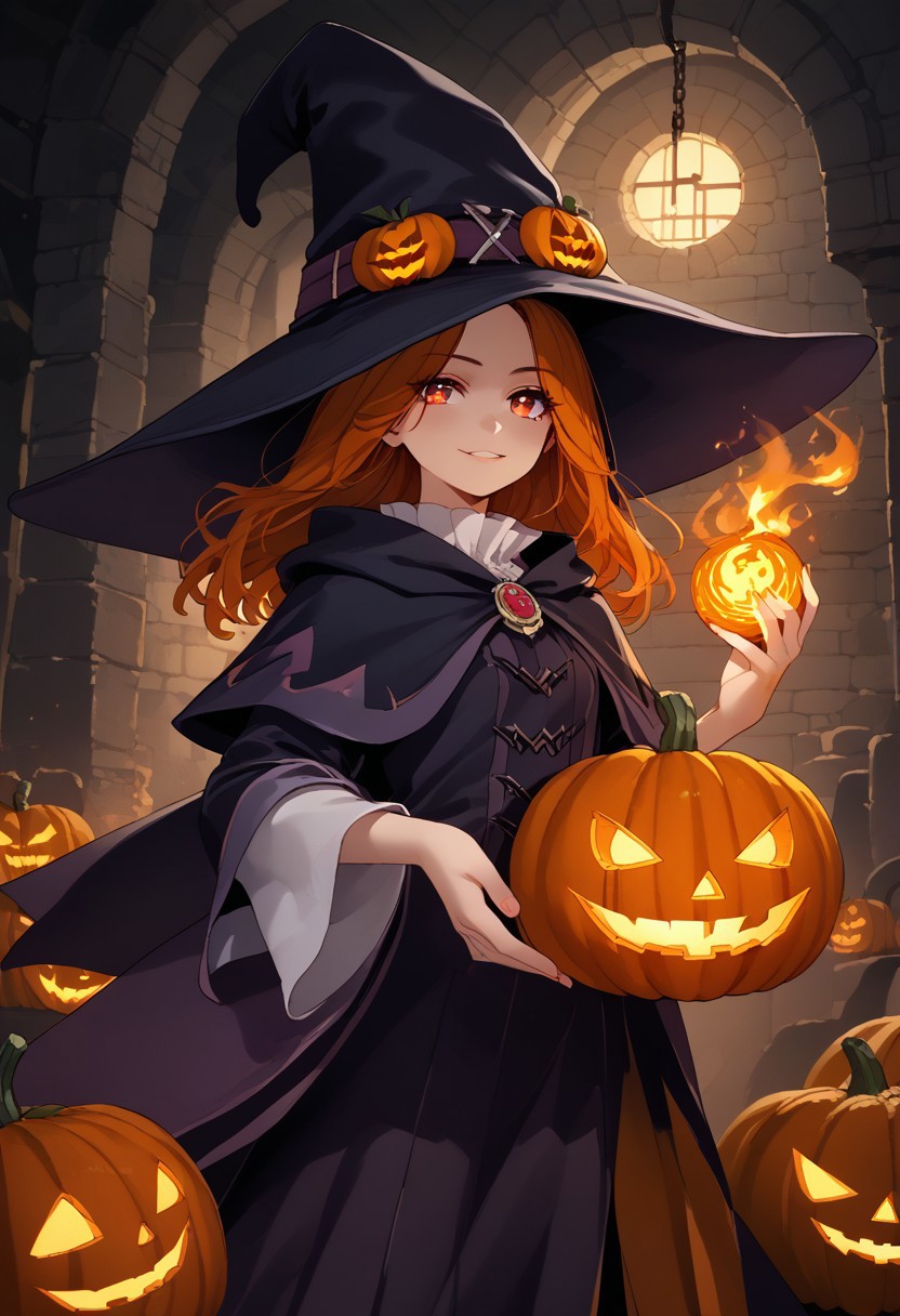 <lora:ratatatat74_style_pdxl_goofy:1>1girl, score_7_up, upscale 2x, (anime-style witch holding glowing pumpkins in her hands. She is wearing an oversized wizard hat and has stylish hair with beautiful eyes. The background is dungeon like cellar with fire-like pumkins floating around her:1.2) (Pumpkin spell:1.3)