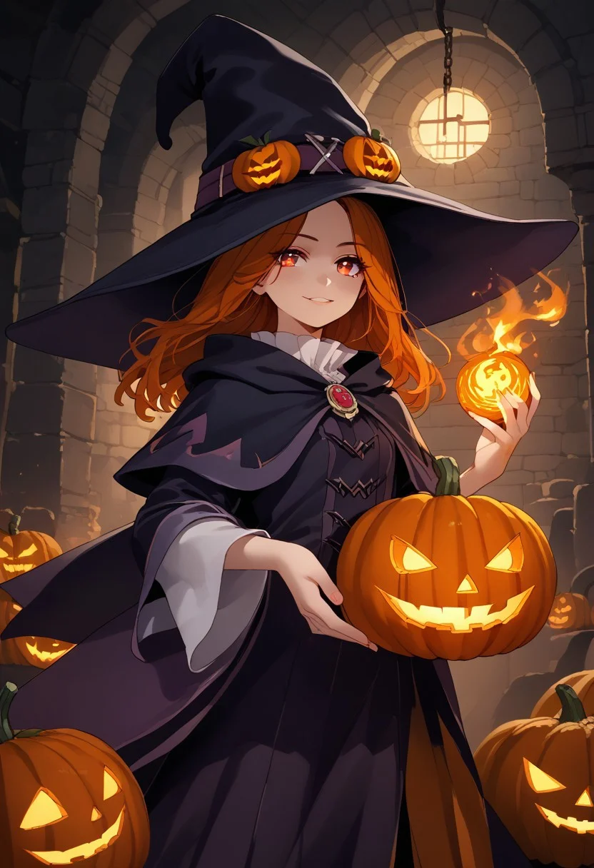 <lora:ratatatat74_style_pdxl_goofy:1>1girl, score_7_up, upscale 2x, (anime-style witch holding glowing pumpkins in her hands. She is wearing an oversized wizard hat and has stylish hair with beautiful eyes. The background is dungeon like cellar with fire-like pumkins floating around her:1.2) (Pumpkin spell:1.3)