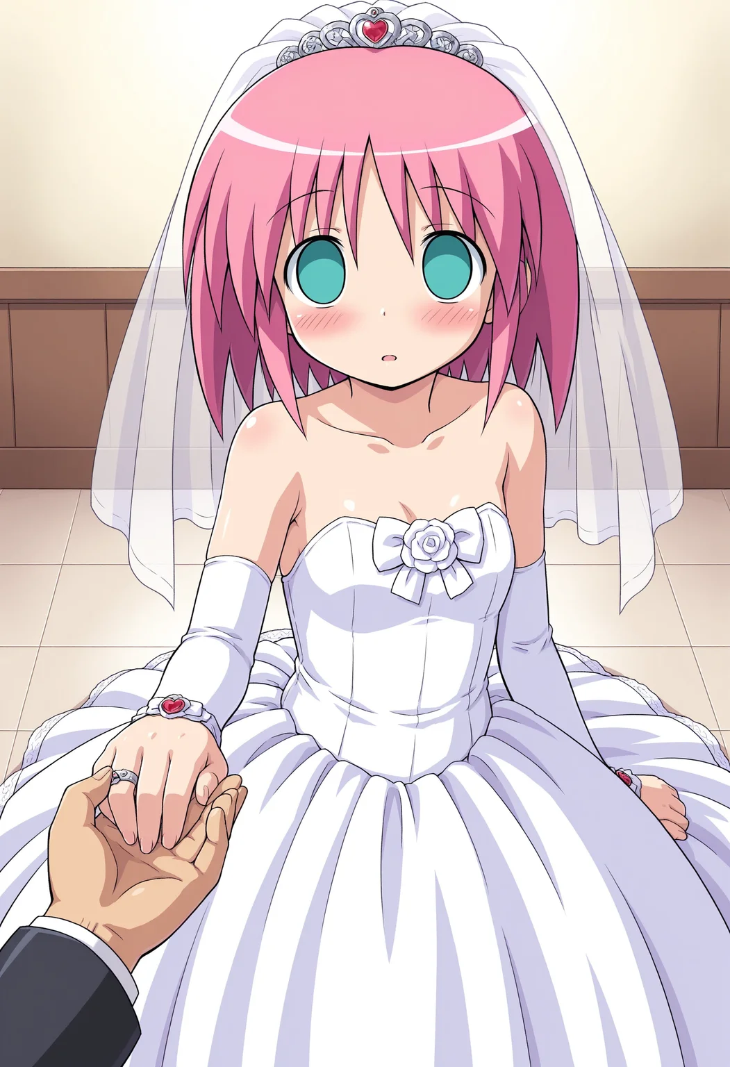 masterpiece, best quality, amazing quality, <lora:GF-Battlegirl-V3_alt-000015:1>, 1girl, solo, GF-Borg34, pink hair, short hair, aqua eyes, empty eyes, no pupils, wedding dress, pov holding hand, blush,