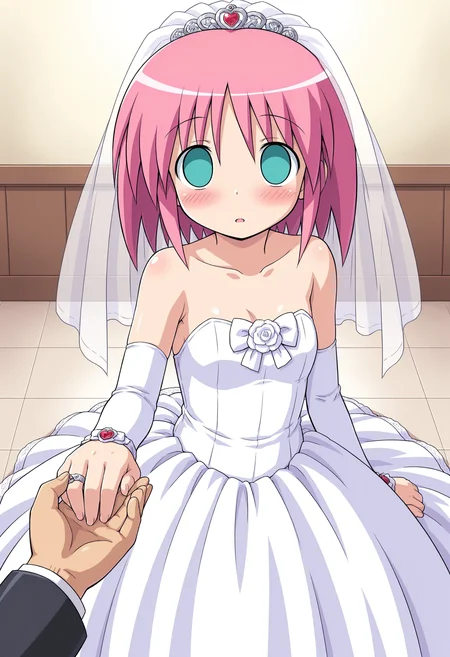 masterpiece, best quality, amazing quality, <lora:GF-Battlegirl-V3_alt-000015:1>, 1girl, solo, GF-Borg34, pink hair, short hair, aqua eyes, empty eyes, no pupils, wedding dress, pov holding hand, blush,