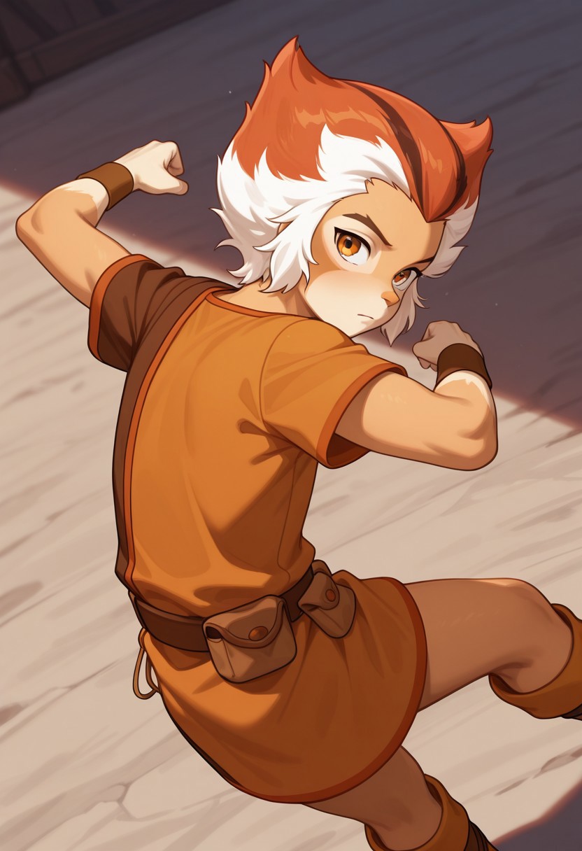 1boy, male focus, cute boy, Wilykat, Two-tone fur, Two-tone hair, orange hair, white hair, black streaks in hair, amber eyes, feline eyes, Two-tone tunic, Orange and brown tunic, wristbands, Belt, Pouches, looking back, from behind, cinematic, intricately detailed illustration, depth of field, masterpiece, best quality, amazing quality, very aesthetic, absurdres, newest, very awa, shadow, dynamic angle, casual cosplay, dynamic pose, action pose,