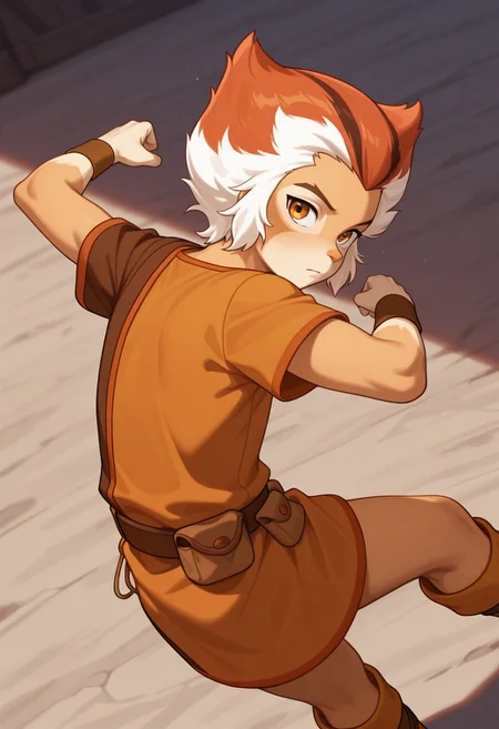 1boy, male focus, cute boy, Wilykat, Two-tone fur, Two-tone hair, orange hair, white hair, black streaks in hair, amber eyes, feline eyes, Two-tone tunic, Orange and brown tunic, wristbands, Belt, Pouches, looking back, from behind, cinematic, intricately detailed illustration, depth of field, masterpiece, best quality, amazing quality, very aesthetic, absurdres, newest, very awa, shadow, dynamic angle, casual cosplay, dynamic pose, action pose,
