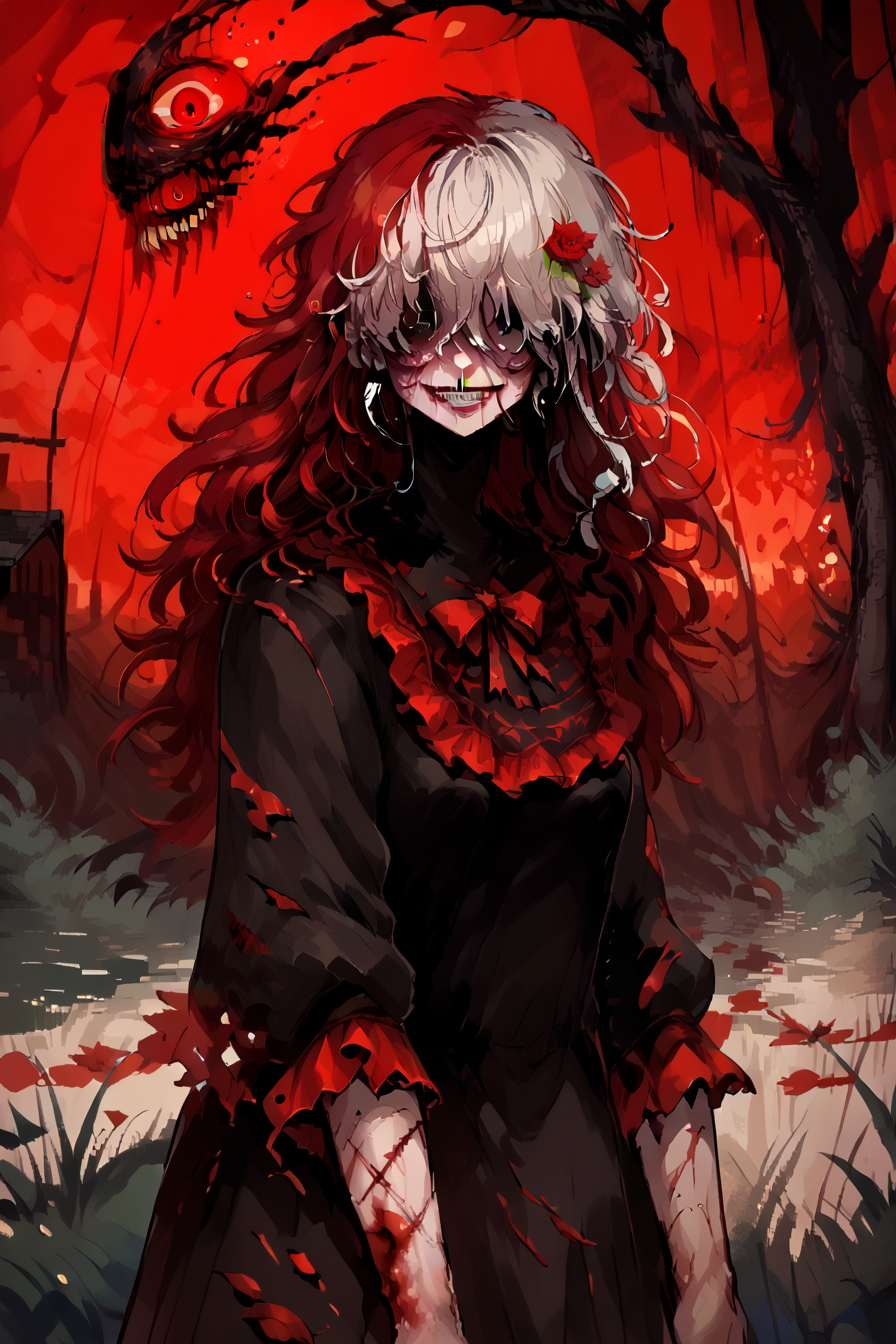 score_9, score_8_up, score_7_up, score_6_up, score_5_up, source anime, ((dark skin)), looking at viewer, realistic background,  night, outdoors, cliffs, mountains, standing,  (cowboy shot), evil smile, (solo), multicolored hair, red hair, white hair, messy hair, wild hair, long hair, hair over eyes, red eye,   bloodstained hair, scar, burn scars, burned face, bloodstained dress, injured, wounded, bloody, (horror), zombie, corpses, grimdark,  <lora:f3nn3rXLP:0.9> , f3nn3r, red, black, (trippy),  <lora:h3ll1shXLP:0.9> , h3ll1sh, small breasts,  <lora:LFashionPDXL:0.8> , zzLFashion, black frilled dress, frills, bow, black dress, pantyhose,  <lora:cr33pXLP:1> , cr33p,  <lora:d3p1x3lXLP:1> , d3p1x3l, pixel art, scenery,