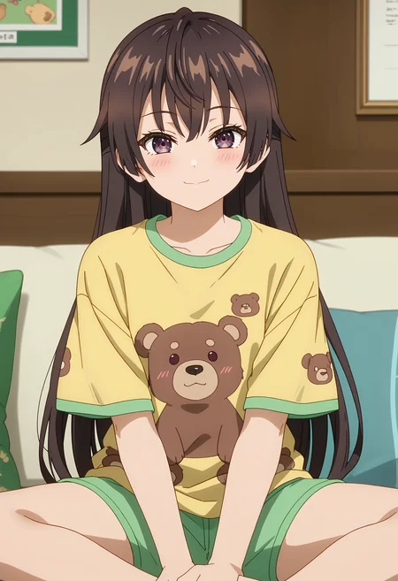 score_7_up, anime screencap, anime coloring,
<lora:Roshidere_SuouYukiXL:0.8>,
1girl, closed mouth, light smile, blush,
straight hair, long hair, brown hair, hair between eyes, multicolored eyes,
YukiHome, t-shirt, yellow shirt, bear print, green shorts,
sitting, looking at viewer,
blurry background, bedroom