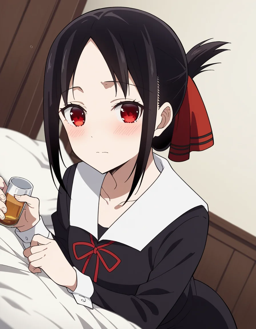 score_9, score_8_up, score_7_up, source_anime,
kaguyashinomiya, <lora:kaguya-shinomiya-s3-ponyxl-lora-nochekaiser:1>,
kaguya shinomiya, short hair, bangs, black hair, red eyes, hair ribbon, sidelocks, folded ponytail, parted bangs,
long sleeves, dress, ribbon, school uniform, collarbone, black dress, sailor collar, white sailor collar, red ribbon, neck ribbon, shuuchiin academy school uniform,
indoors, bed, bed room, on side, blush, drunk,
looking at viewer, cowboy shot, dutch angle, solo,