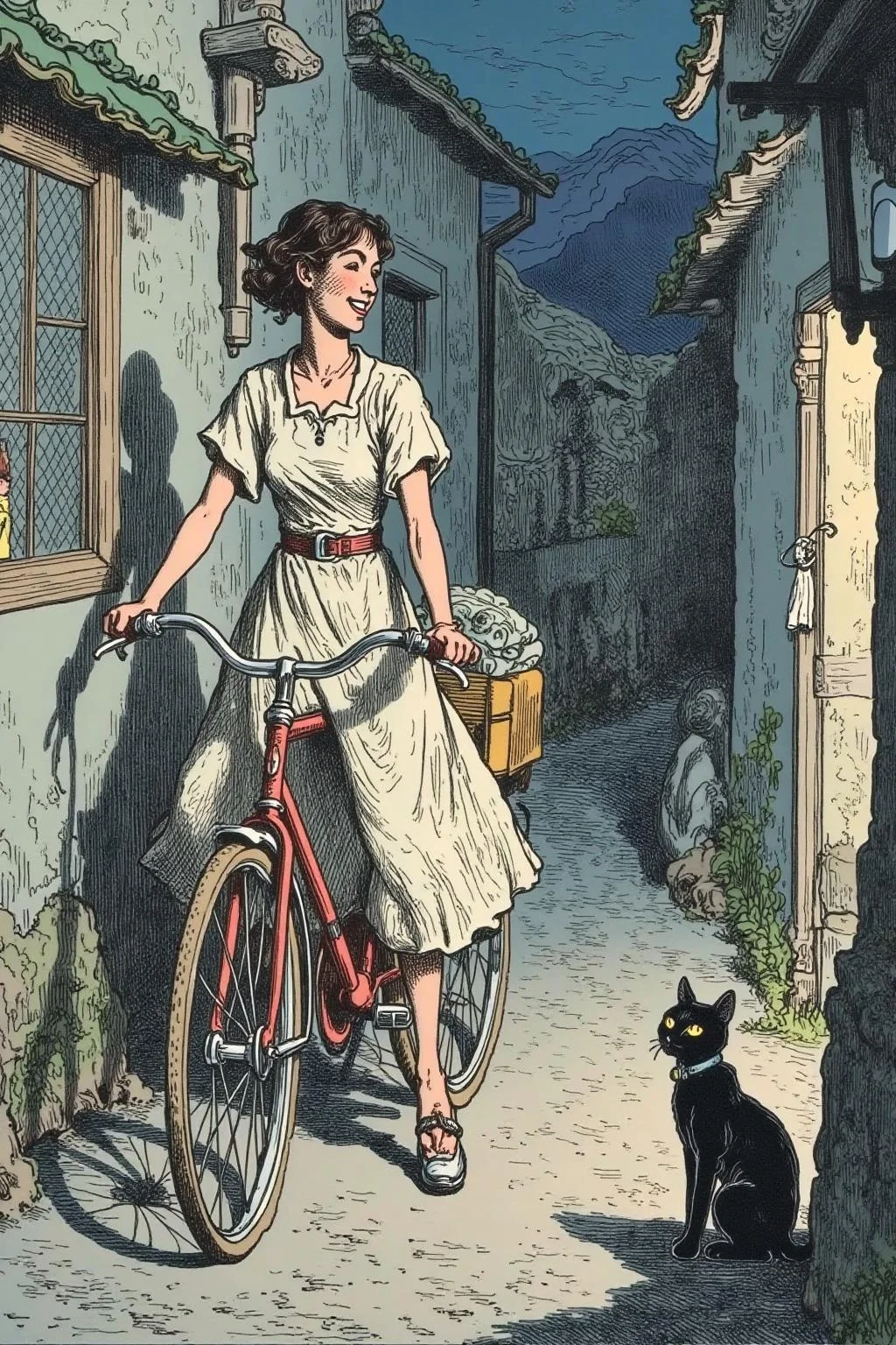 gusdore1 illustration. A Japanese school girl riding a old style bicycle through a narrow, quiet street at night. The happy woman wears a simple, flowing dress. In the corner, a small black cat with piercing eyes sits watching her quietly. <lora:gusdore1_nocap_d4a2e8:1.0><lora:801221807140036698:0>