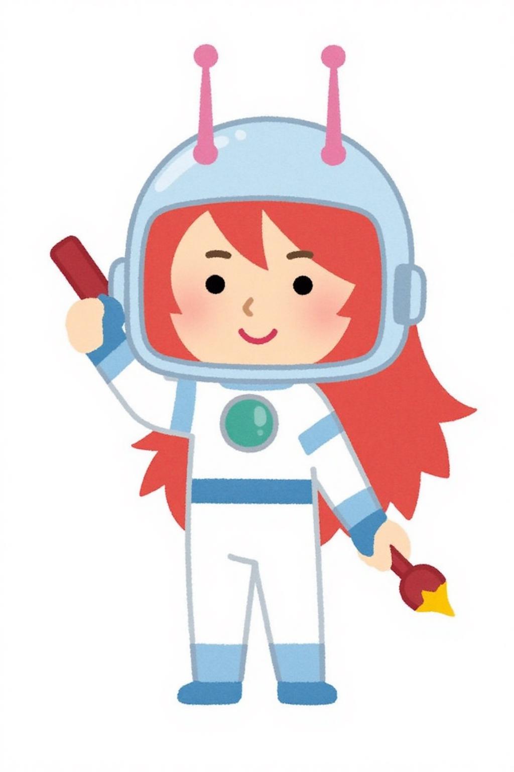 irasutoya1 illustration.
A character is dressed in a white and blue space-themed outfit. They have long, flowing red hair and are wearing a helmet with a blue outline and two pink antennae-like protrusions. They are holding a red weapon in their right hand, pointed upwards. A yellow star is near the bottom right corner. 
 <lora:irasutoya1_cap_d8a4e8:1.0><lora:846891544077173294:0>