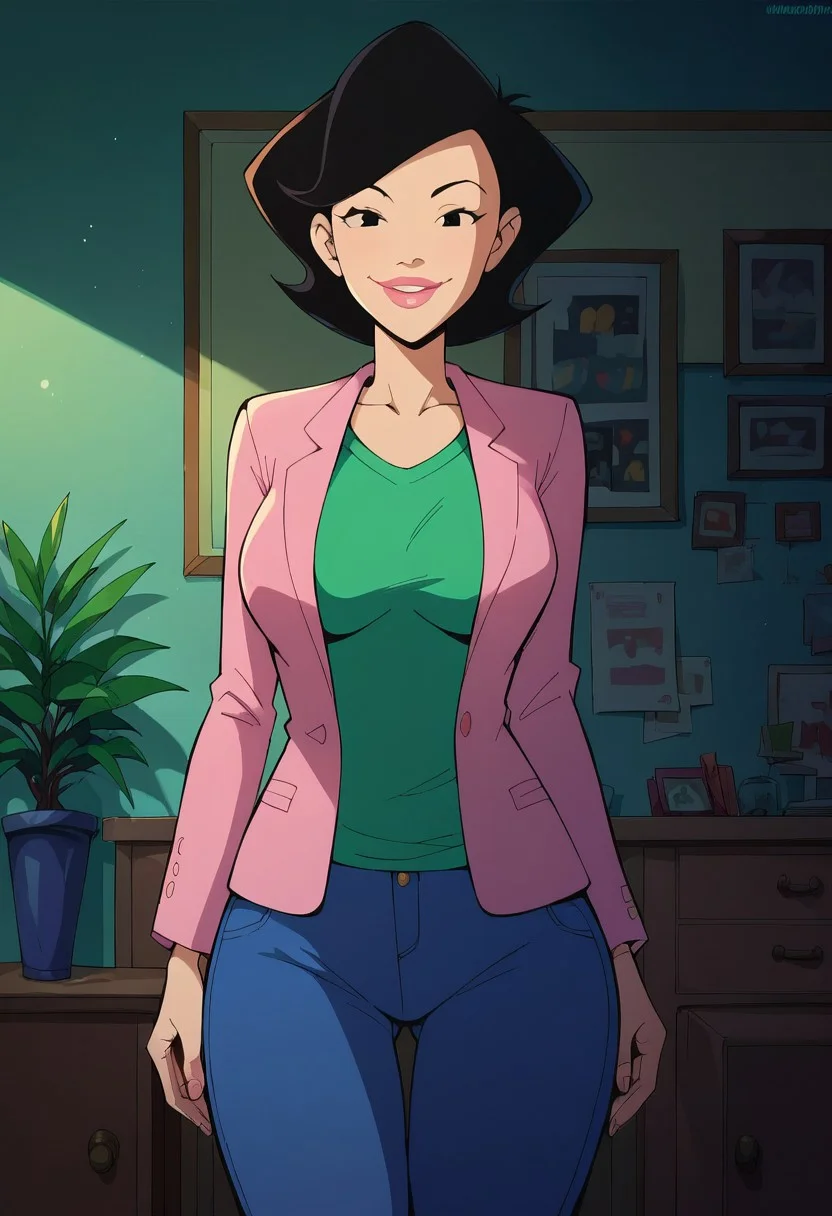 score_9, score_8_up, score_7_up, score_6_up, score_7_up, source_cartoon,BREAK, 1girl, susanlongv1, looking at viewer, pink lips, smile, black hair, black eyes, mature female, large breasts, curvy, squinting, green shirt,pink blazer,blue jeans, in the livingroom,evening, volumetric lighting, light particles
