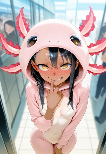masterpiece, best quality, very aesthetic, absurdres, Detailed face, 8k, Ultra_HD, (detailed background:1.1), 1=2, face closeup, from above, zoom on face,
solo, 1girl, Hayase Nagatoro, petite, beautiful, perfect eyes, (golden eyes:1.1), dark skin, black hair, long hair, tanned skin, tanline, hourglass figure, animal costume, axolotl onesie, skindentation, skinny body, small breasts, short girl, curious, happy, wide eyes, embrassed smile, full-face blush, in front of viewer, pov, posing, original pose, complex pose, wide hips, narrow waist, looking at viewer, finger on lips, puffy lips, biting lips, sexy look, saliva,
detailed background, blurry background, comiket, crowded place,