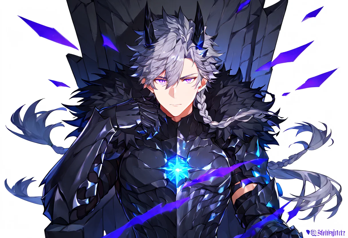 1boy, male focus, black armor, armor, solo, gauntlets, throne, long hair, grey hair, white background, horns, braid, simple background, purple eyes, fur trim, glowing, looking at viewer, upper body, shoulder armor,
<lora:Expressive_H:1>,<lora:chasekings_raid-000009:1>,<lora:dizdoodz001:0.5>,, 1boy, male focus, character name, series name,best quality, amazing quality, best aesthetic, absurdres,score_9,score_8_up,score_7_up,