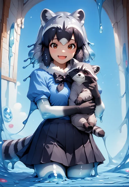 score_9_up, high quality, detailed, (((Common Raccoon slime girl (Kemono Friends),))), raccoon ears, brown eyes, bangs, multicolored hair, tail, raccoon tail, grey hair, black hair, black bowtie, puffy short sleeves, black gloves, elbow gloves, fur collar, pleated skirt, black skirt, blue shirt, pantyhose, black shoes, feral raccoon, p3tl0v3, holding raccoon, happy, hugging raccoon