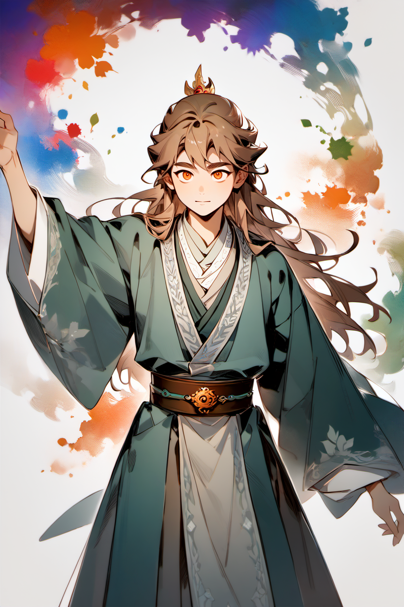 score_9, score_8_up, score_7_up, masterpiece, best quality, 1boy, solo, young boy,  <lora:ShenTafeiPony_V2:1> shentafei, green hanfu, long hair, light brown hair, ginger eyes,  <lora:wrenchinktapestry:0.8> inktapestry, colorful, paint splatter,, greyscale or monochrome in positive to incorporate b/w in the gens as well