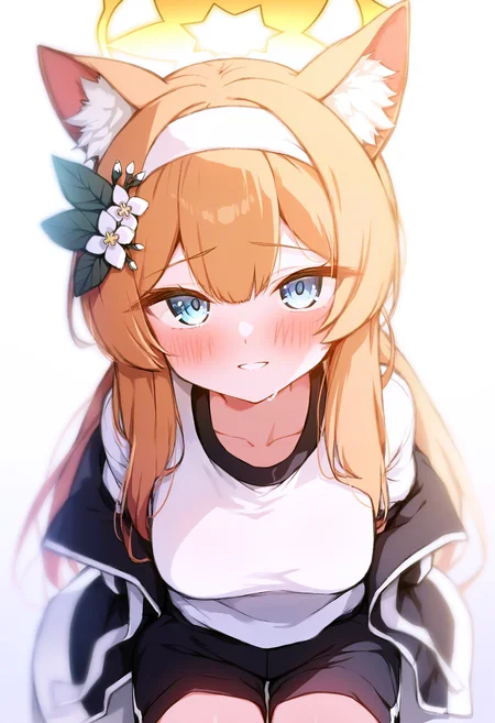masterpiece, best quality, absurdres, uncensored,
dramatic lighting, rim lights, backlighting, bloom,
white background, simple background,
BREAK
mari \(blue archive\),
1girl, solo, cat ears, animal ear fluff, blue eyes,
light smile, blush, parted lips, shy,
blonde hair, long hair, double-parted bangs, hair between eyes,
yellow halo, hair flower, leaf hair ornament, hairband,
medium breasts, (wide hips:0.5), (sweat, wet, see-through:0.25),
gym uniform, gym shorts, open jacket, off shoulder, white shirt, black shorts,
looking at viewer, close-up, straight-on, cowboy shot, upper body, face focus,
sitting, arms behind back,
<lora:E-Note-P6v1a-Illu01:1>,