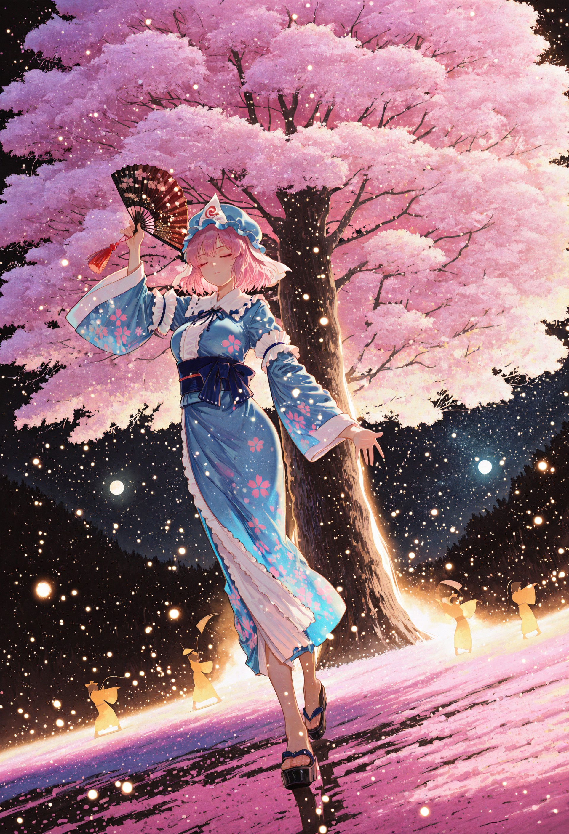 safe_pos, masterpiece, best quality, very aesthetic, absurdres, cinematic, (detailed face:1.5),
BREAK
saigyouji yuyuko, 1girl, solo, pink hair, short hair, medium large breasts,
mob cap, triangular headpiece, blue kimono, long sleeves, wide sleeves, sash, ribbon, floral print, full body, folding fan, holding folding fan on both hands, one hand raised, one hand lowered, correct fingers, dancing, dynamic pose, closed eyes, closed mouth, serious,
outdoor, field, night,
(a giant huge cherry blossom tree:1.5), tree focus, cherry blossoms, blowing in the wind, windy, midnight, dark background, moon light, (soft lighting:1.1), stars, pastel colors, gradient color, tranquil atmosphere, warm tone, soft fill light, (ambient light), (dynamic light), vivid colors, high contrast, 
raytracing, floating particle light, light particles,
glowing particles, shinny, glitter,
cinematic angle, dutch angle, dynamic angle,
(close up:1.2), extremely close-up shot,
((4k,8k,Ultra HD)),((Masterpiece :1.2)),((Best quality :1.2)),((Detailed :1.5)),((Detailed background :1.5)), 15546+456868