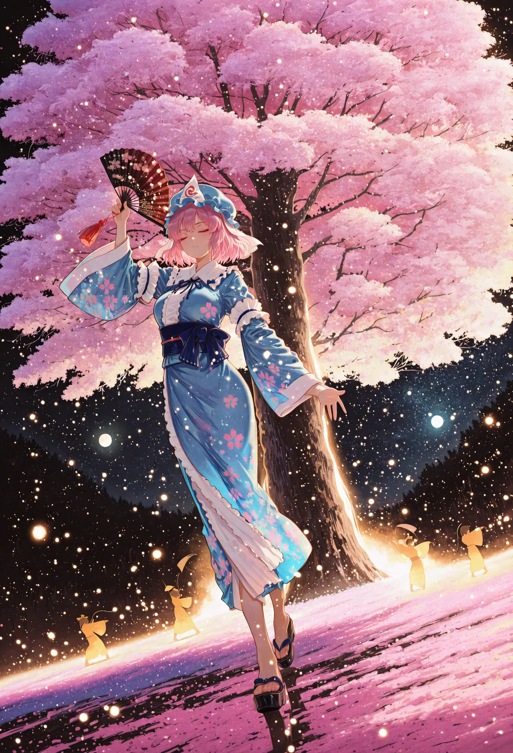 safe_pos, masterpiece, best quality, very aesthetic, absurdres, cinematic, (detailed face:1.5),
BREAK
saigyouji yuyuko, 1girl, solo, pink hair, short hair, medium large breasts,
mob cap, triangular headpiece, blue kimono, long sleeves, wide sleeves, sash, ribbon, floral print, full body, folding fan, holding folding fan on both hands, one hand raised, one hand lowered, correct fingers, dancing, dynamic pose, closed eyes, closed mouth, serious,
outdoor, field, night,
(a giant huge cherry blossom tree:1.5), tree focus, cherry blossoms, blowing in the wind, windy, midnight, dark background, moon light, (soft lighting:1.1), stars, pastel colors, gradient color, tranquil atmosphere, warm tone, soft fill light, (ambient light), (dynamic light), vivid colors, high contrast,
raytracing, floating particle light, light particles,
glowing particles, shinny, glitter,
cinematic angle, dutch angle, dynamic angle,
(close up:1.2), extremely close-up shot,
((4k,8k,Ultra HD)),((Masterpiece :1.2)),((Best quality :1.2)),((Detailed :1.5)),((Detailed background :1.5)), 15546+456868
