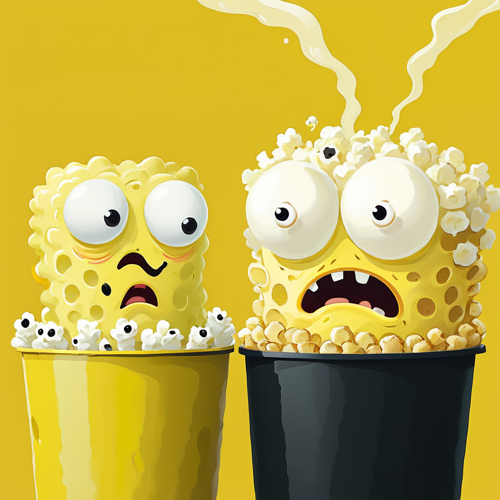 <lora:Expressionism_CartoonsSDXL:1> Expressionism Cartoons, The image shows two cartoon characters in buckets with different expressions on them set against a yellow background. The characters appear to be from the popular game Spongebob Squarepants and the image is likely related to the game's release date which is set to be released on October 29th., food, no humans, open mouth, popcorn, black eyes, yellow background, food focus, multiple others, orange background