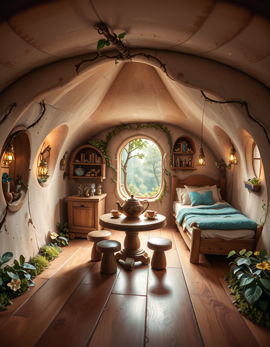 score_9, score_8_up, score_7_up,amazing quality, ultra realistic, 3D, HD, best quality, amazing quality, very aesthetic, absurdres
A highly detailed, realistic photograph of a tiny gnome house nestled at the base of an ancient oak tree, taken in soft morning light with a gentle mist hanging in the air. The house is crafted from natural materials: smooth stones form the lower walls, and curved wooden planks create a round, thatched roof with patches of moss and small wildflowers growing on top. Tiny circular windows with stained glass panels glow faintly from within, casting warm amber and green hues. A miniature wooden door with intricate carvings sits slightly ajar, surrounded by tiny lanterns that hang from delicate hooks, each softly glowing. Around the house, the forest floor is covered in dew-kissed clover, mushrooms of varying sizes and colors, and winding little cobblestone paths. In the background, tall ferns and oversized leaves tower, giving the scene an enchanted, hidden feel. Subtle rays of sunlight break through the canopy above, highlighting fine details with a dreamy, ethereal atmosphere. Hyper-realistic style, high-resolution, rich earthy tones, with an overall cozy and magical woodland vibe. No creatures or people, only nature and the charming architecture of the gnome's home.
<lora:SDXLFaeTastic2400:0.4> <lora:extremely_detailed:0.4> extremely detailed,tiny gnome h0us3 <lora:tiny_gnome_h0us3-p:1>