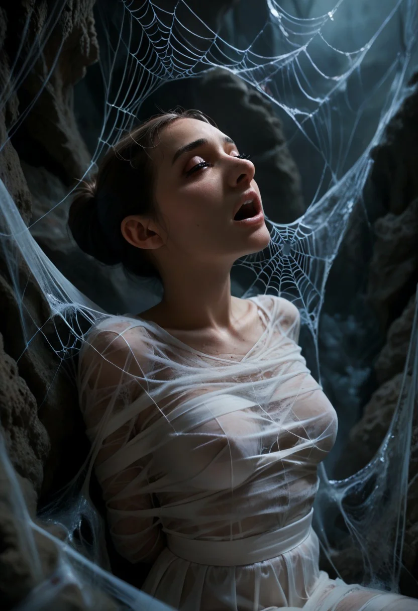 score_9, score_8_up, score_7_up, score_6_up, 2.5d, 1girl, cobweb style, spider web, silk, cocoon, covered in cobweb, restrained in a cave, fog, horror (theme)