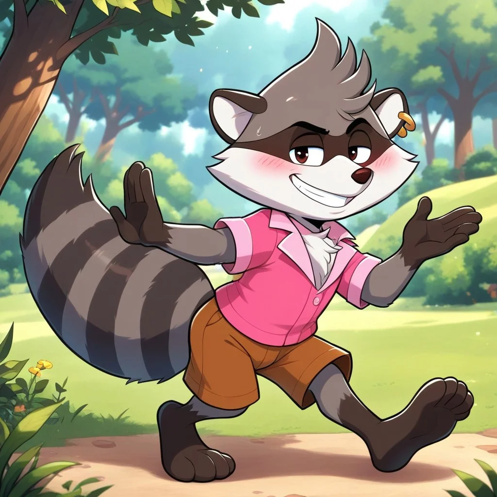 brown shorts, outdoors, earrings, blush, smile, 1boy, Raccoon, tree, Full Body, grin, solo, Renaldo Raccoon
