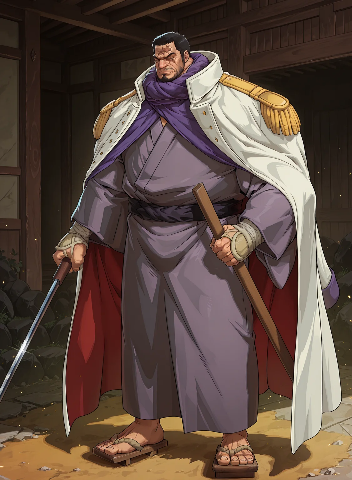 zPDXL2,general,masterpiece,best quality,amazing quality,highres,male focus,(from side:0.1),front view,1boy,solo,
fujitor@,mature male,old,facial hair,x scar on forehead,goatee,black hair,short hair,closed eyes,japanese clothes,clog,epaulettes,scarf,holding weapon,coat cape,
standing,
<lora:NOOB_vp1_detailer_by_volnovik_v1:1>,<lora:zoroj:0.6>,<lora:丰å¯èæ¯_IL:0.3>,<lora:Fujitora_ILv2:1>,<lora:AMarvelRivals_style:0.5>,