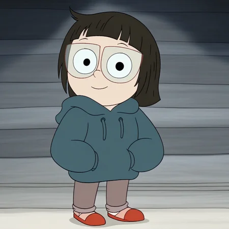 score_9, 1girl, solo, chl0e p4rk, black hair, short hair, glasses, hoodie, hands in pockets, pants, red footwear, looking at viewer, smile