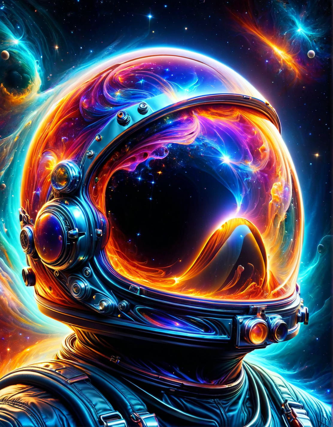 A close-up of an astronaut's helmet visor, reflecting an ais-brknlvlmp nebula in the cosmos. <lora:ais-brknlvlmp-sdxl:1>