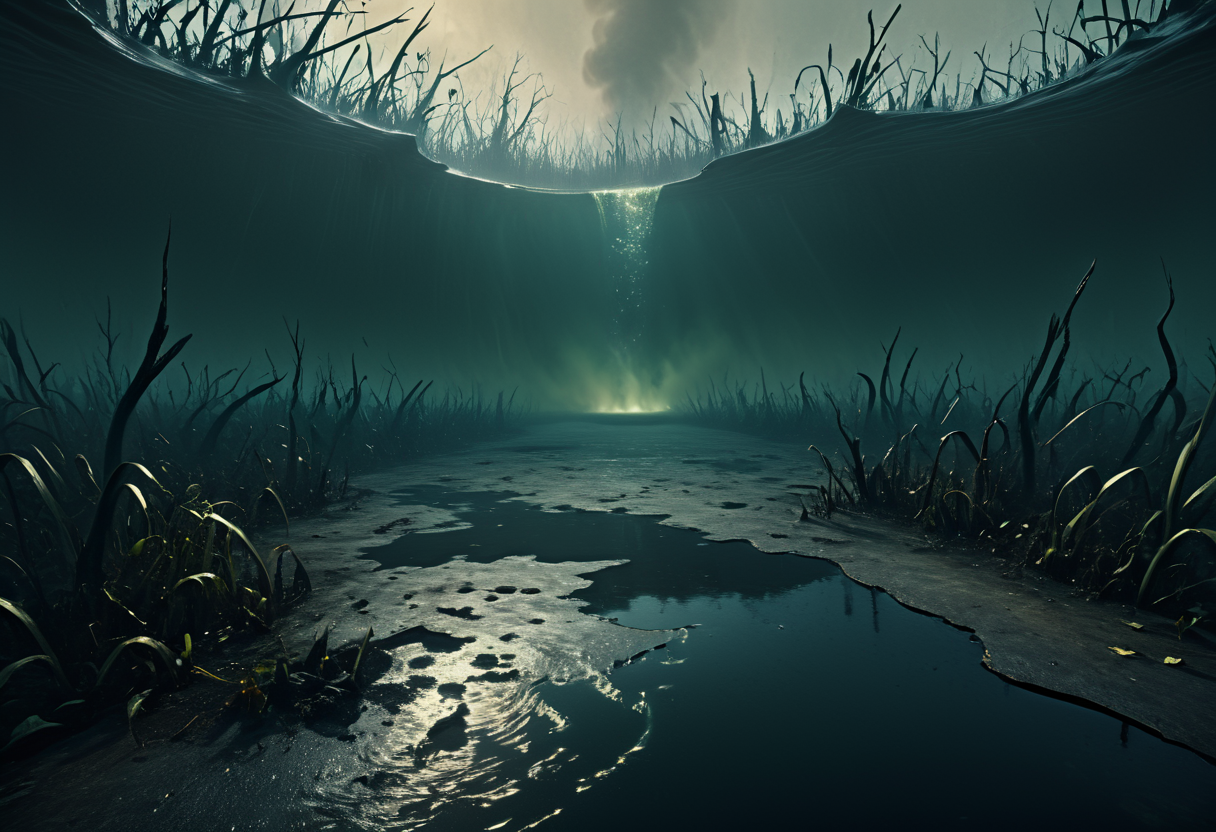 Swimming in a swamp with unseen creatures circling below, Falling into a sinkhole as the ground collapses beneath you, Running across a battlefield with explosions and debris flying, Gregg Toland, Seamus McGarvey, Larry Fong, Shadowy, Emotive, Suspenseful, Realistic, Elegant, Gritty, Hazy, Film-like grain, Vivid, Gloomy masterpiece, best quality, absurd resolution, in the style of first person perspective,  <lora:artfullyHW1P:1> arthw1p, scenery, no humans,