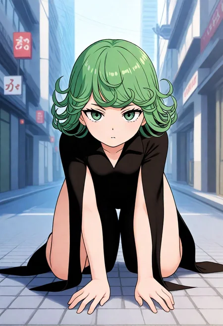 <lora:Hyper-SDXL-8steps-lora:1><lora:Fixhands_anime_bdsqlsz_V1:1>
zPDXL2, outdoors, city, tokyo, japan, 
from behind, all fours, Stoic, Expressionless face with a neutral mouth and a neutral gaze.,
1girl, solo, clothed, tatsumaki, green hair, green eyes, black dress,
 <lora:artist-k02_XL(pony)v10:0.9>