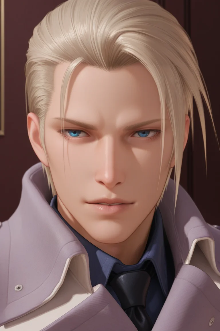 masterpiece, best quality, amazing quality,absurdres, intricate detail,official style, , , 1boy, solo, male focus , , , <lora:rufus_shinra:0.83>,rufus shinra,platinum blonde hair,blue eyes,short hair,slicked back hair,slightly pursed lips,gentle smile,parted lips