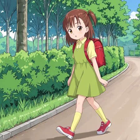 outside, <lora:v2:1> jerikatou, 1girl, solo, brown hair, green dress, yellow collared shirt, side ponytail, brown eyes, shoes, yellow socks, red backpack, walking,