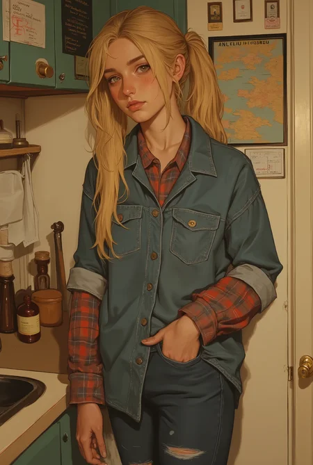 a nice little painting of a girl in a shirt that hangs a few feet off the ground, 1girl, solo, denim, shirt, torn pants, jeans, pants, blonde hair, freckles, plaid shirt, mole, looking at viewer, ass, torn clothes, mole under eye, ponytail, torn jeans, long hair, bottle