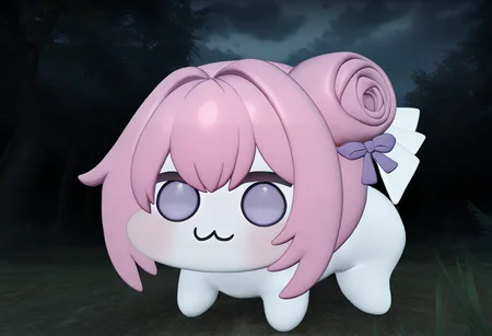 masterpiece, best quality, solo, looking at viewer, <lora:left4dead2-Style-illus_Fp:1>, 3d, cloudy sky, gameplay mechanics, night, forest, <lora:doro_xypher_ixl_v1:1>, doro, :3, chibi, no pupils, solid circle eyes, full body, white skin, all fours, dorothy \(nikke\), pink hair, purple eyes, single side bun, hair bow, purple ribbon