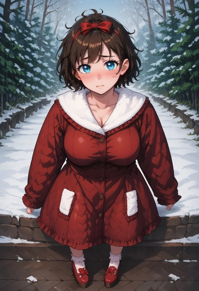 score_9, score_8_up, score_7_up, source anime,
masterpiece, best quality, detailed, amazing quality,
detailed background, winter, snow, winter forest,
detailed eyes, clean eyes,
dynamic pose, from above,
1woman, woman,
easynegative,
slutty_m3l0dy, pale skin, short hair, blue eyes, dark brown hair, messy hair, curvy, chubby, big breasts, bow, frilly, cute, headbow, ribbon, stockings, blushing, shy,
quilt_coat, red coat,